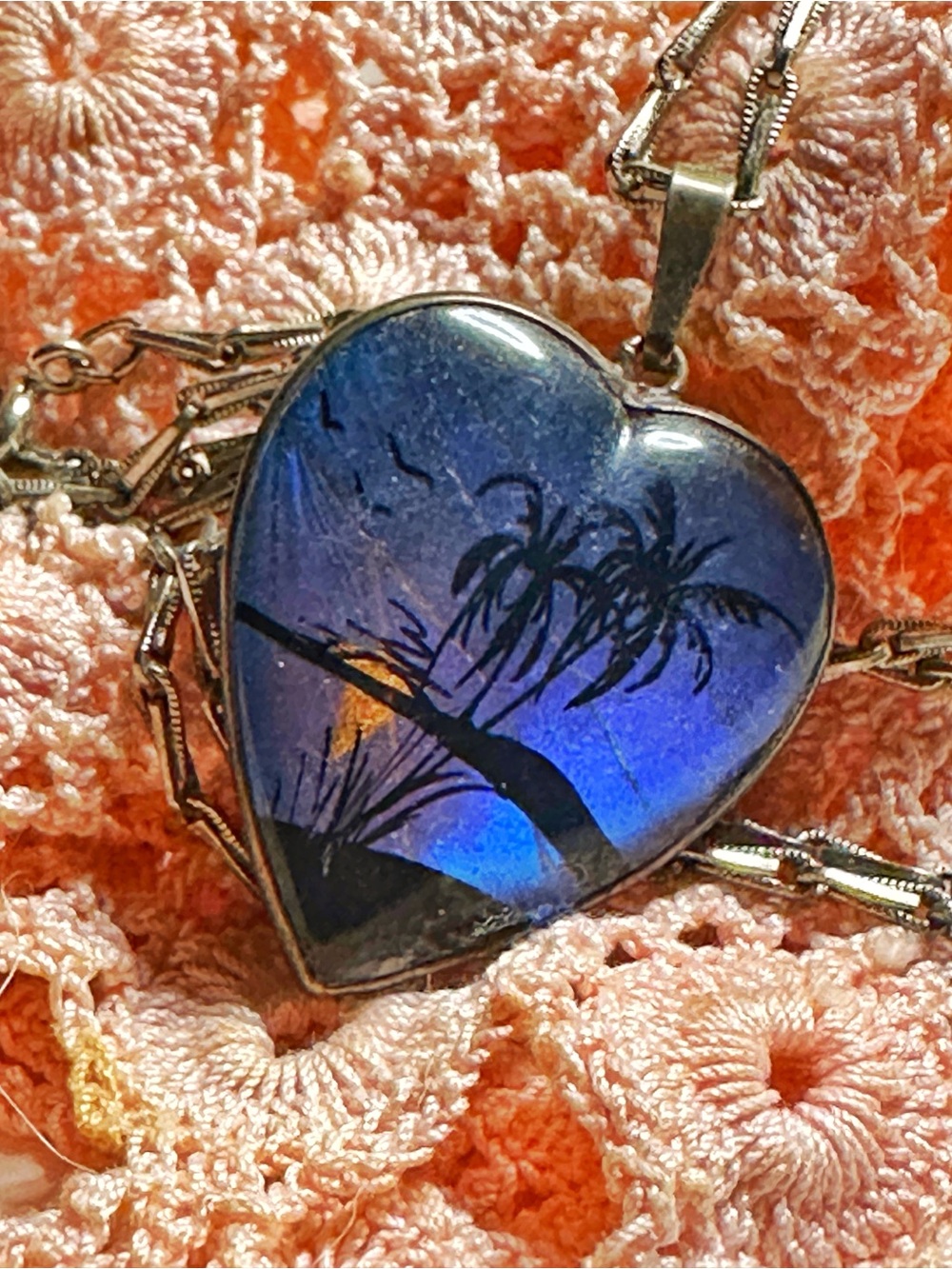 Vintage Butterfly Wing Heart Necklace Blue and Black Tropical Sunset Scene